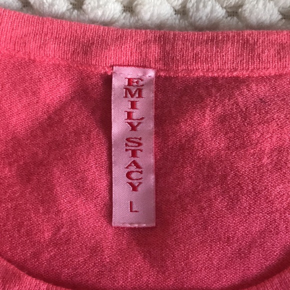 Emily Stacy thin pink sweater w/multicolored stones and pink fuzzy balls Size L - Picture 7 of 9